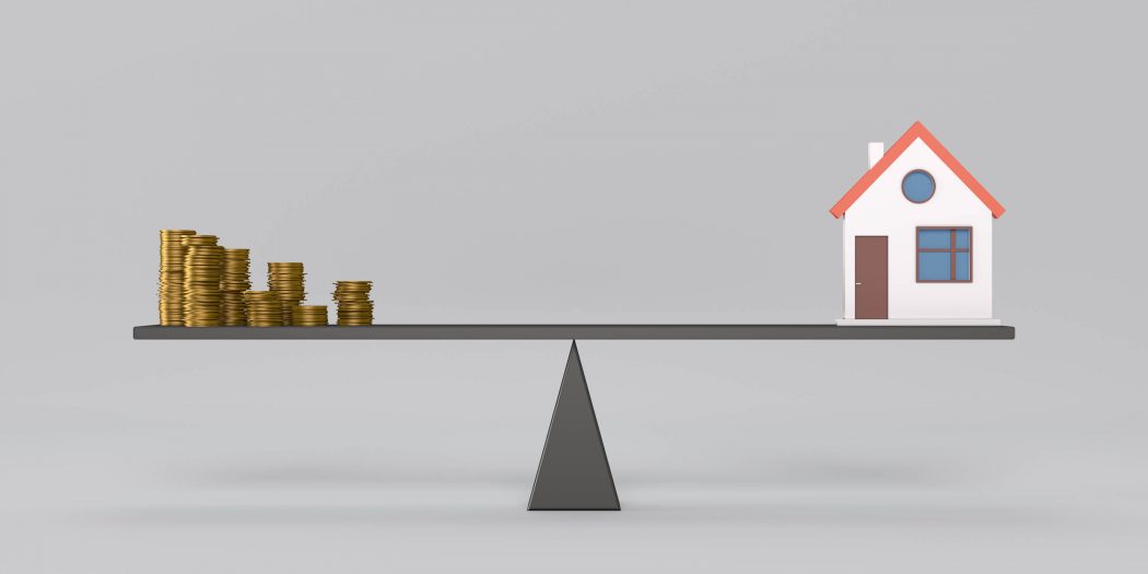 house-sign-with-coins-on-the-seesaw-mortgage-and-loans-3d-concept