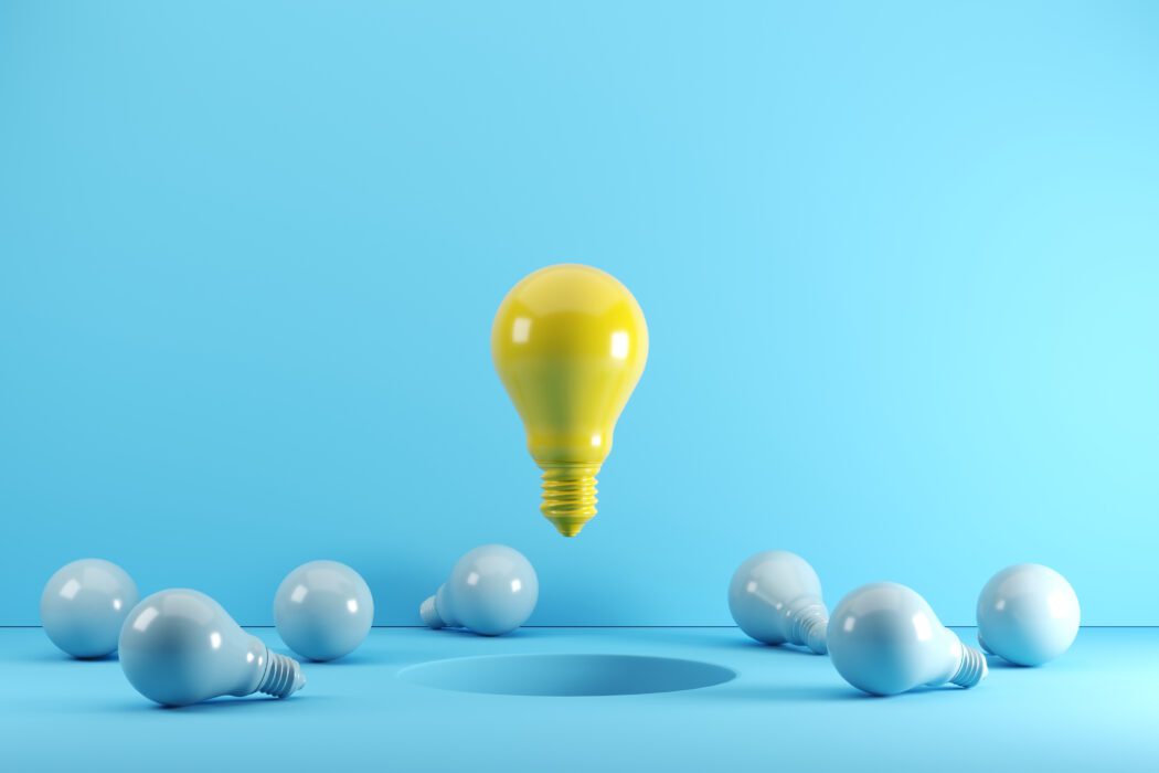 a-yellow-light-bulb-floating-on-hole-surrounded-with-blue-light-bulbs-idea-creative-concept-3d-render